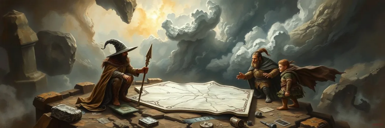 Earth tones, muted colors, visible brushstrokes, stormy skies, high tension
