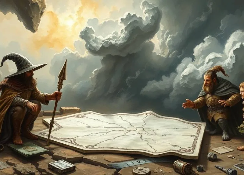 Earth tones, muted colors, visible brushstrokes, stormy skies, high tension