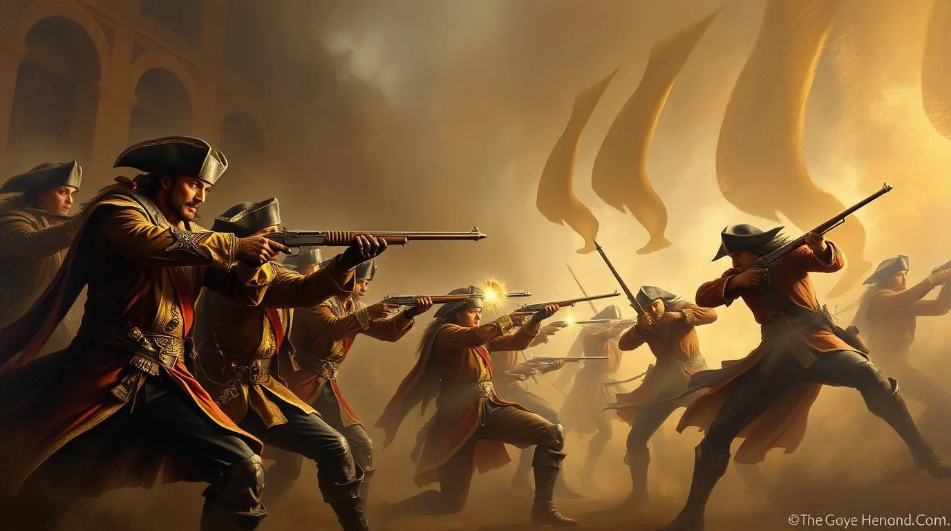 Battle between pirates and musketeers in a fantasy setting. The style is refined