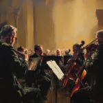 A cinematic oil painting of an orchestral band, rendered in earth tones, with dramatic lighting