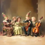 A classic oil painting in muted browns and beiges, depicting a charming, adorable orchestral band in regal attire performing a high-fantasy epic