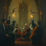 An eerie oil painting depicting a creepy high-fantasy royal orchestral scene, rendered in earth tones with dark tones