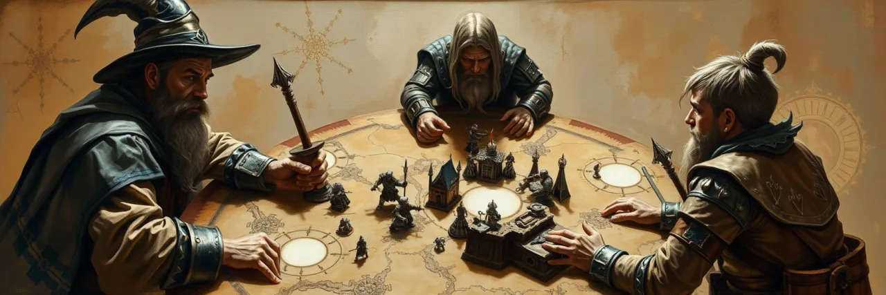 Magician, paladin, dwarf, halfling playing around a map detailing armies, trenches, and mysterious white spots