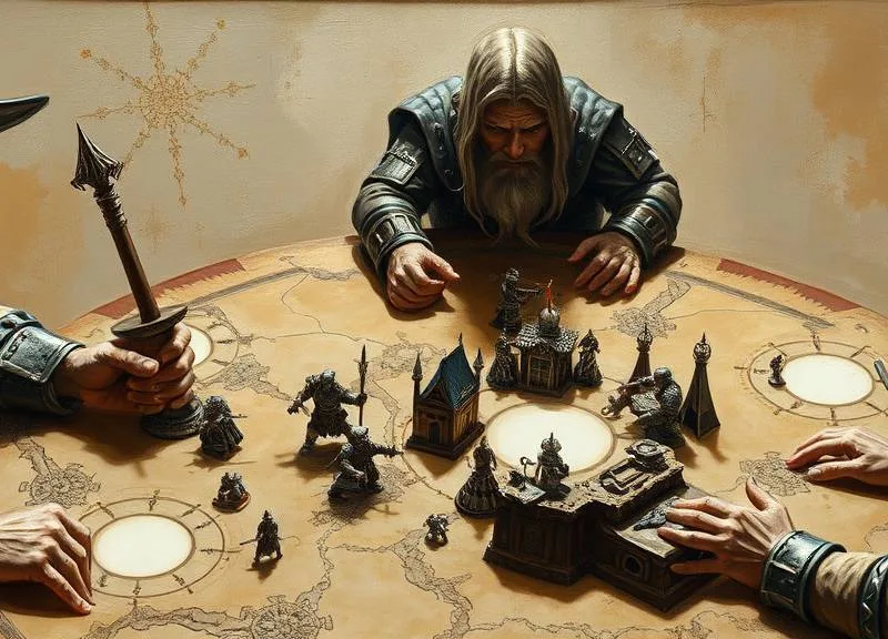 Magician, paladin, dwarf, halfling playing around a map detailing armies, trenches, and mysterious white spots