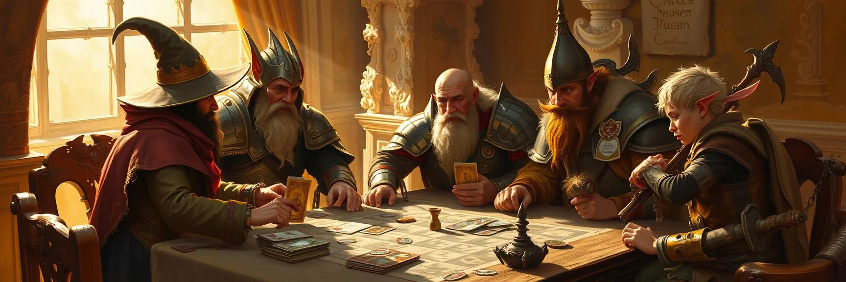 Warm golden hour light bathes a classic oil painting depicting a fantasy roleplaying game. The scene is painted in natural eart