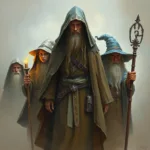 An ethereal oil painting depicting fantasy magi and wizards from the Engarde world in a XV-XVII century style