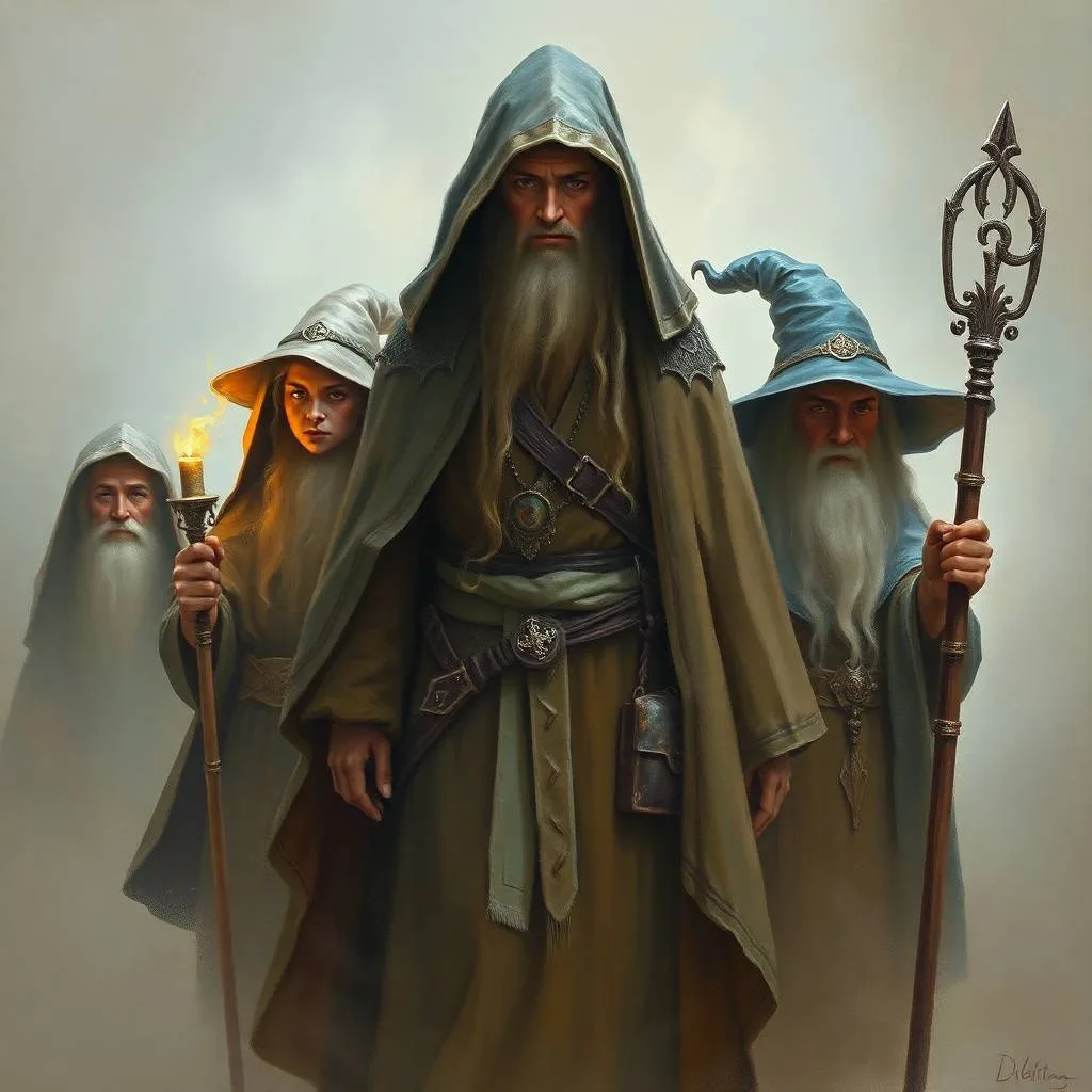 An ethereal oil painting depicting fantasy magi and wizards from the Engarde world in a XV-XVII century style